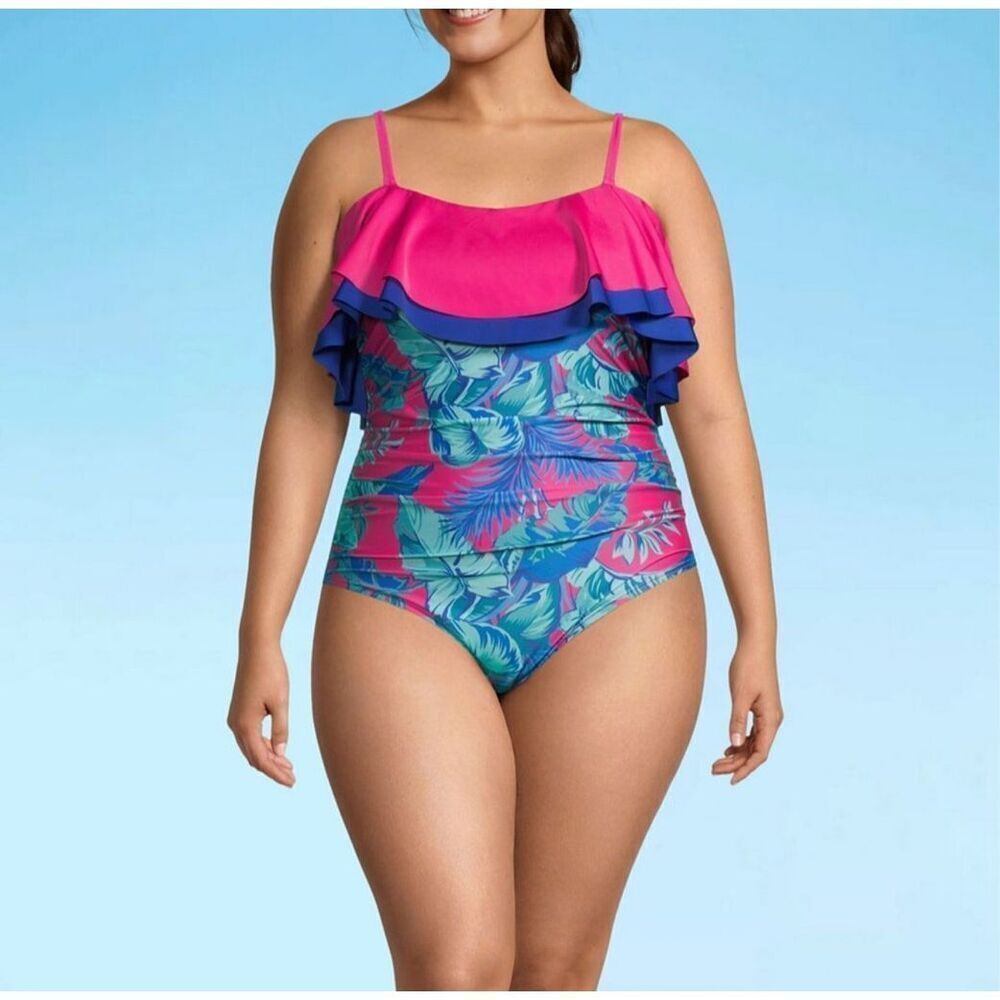 NWT OUTDOOR OASIS Bohemian Womens One Piece Swimsuit Plus Size 1X Pink Blue